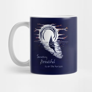 Something Beautiful is on The Horizon, Inspirational Linocut in Blue and Red Mug